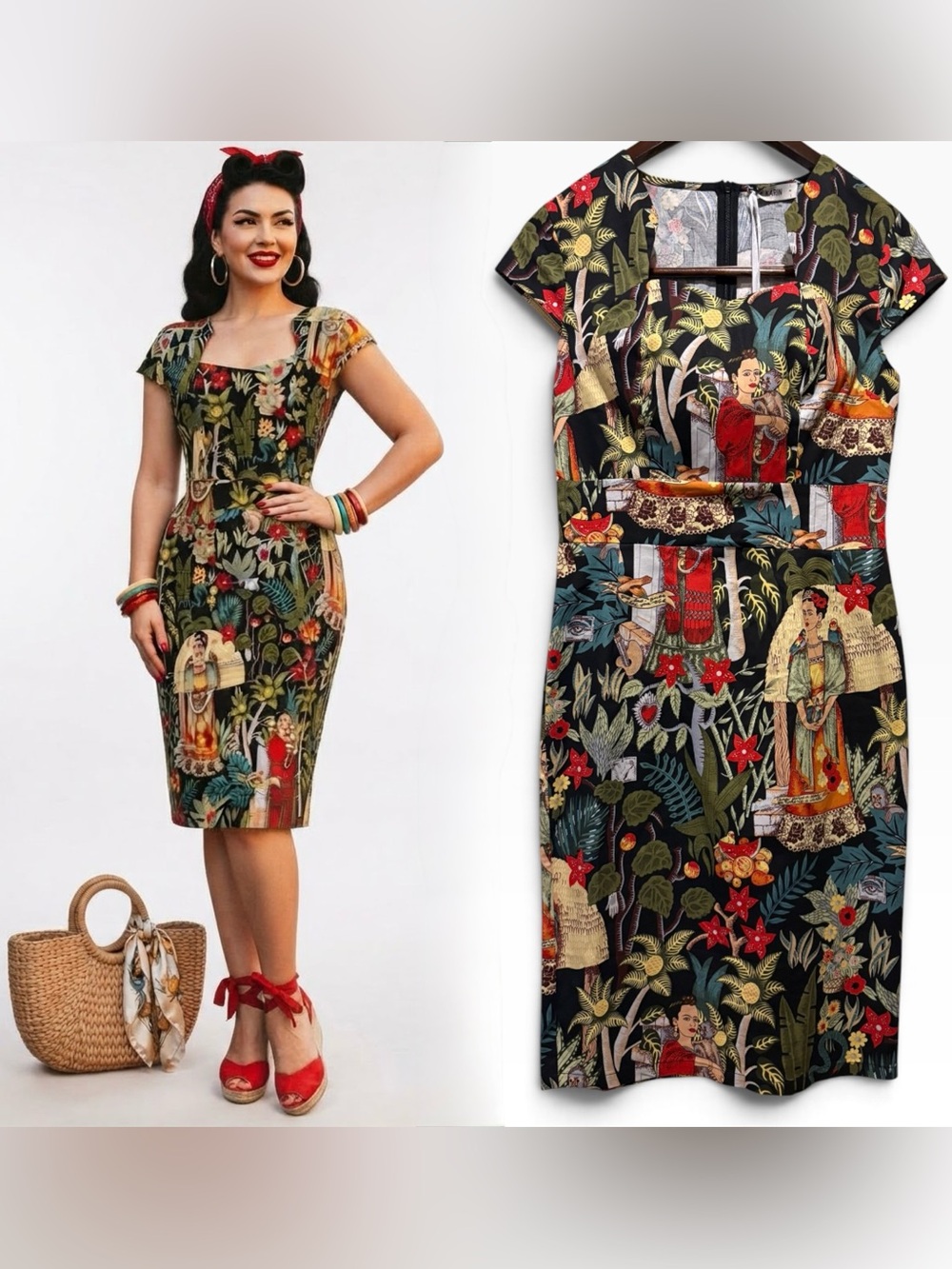 NWT Grace Karin Vintage Style Frida Kahlo Tropical Print Wiggle Pencil Dress S